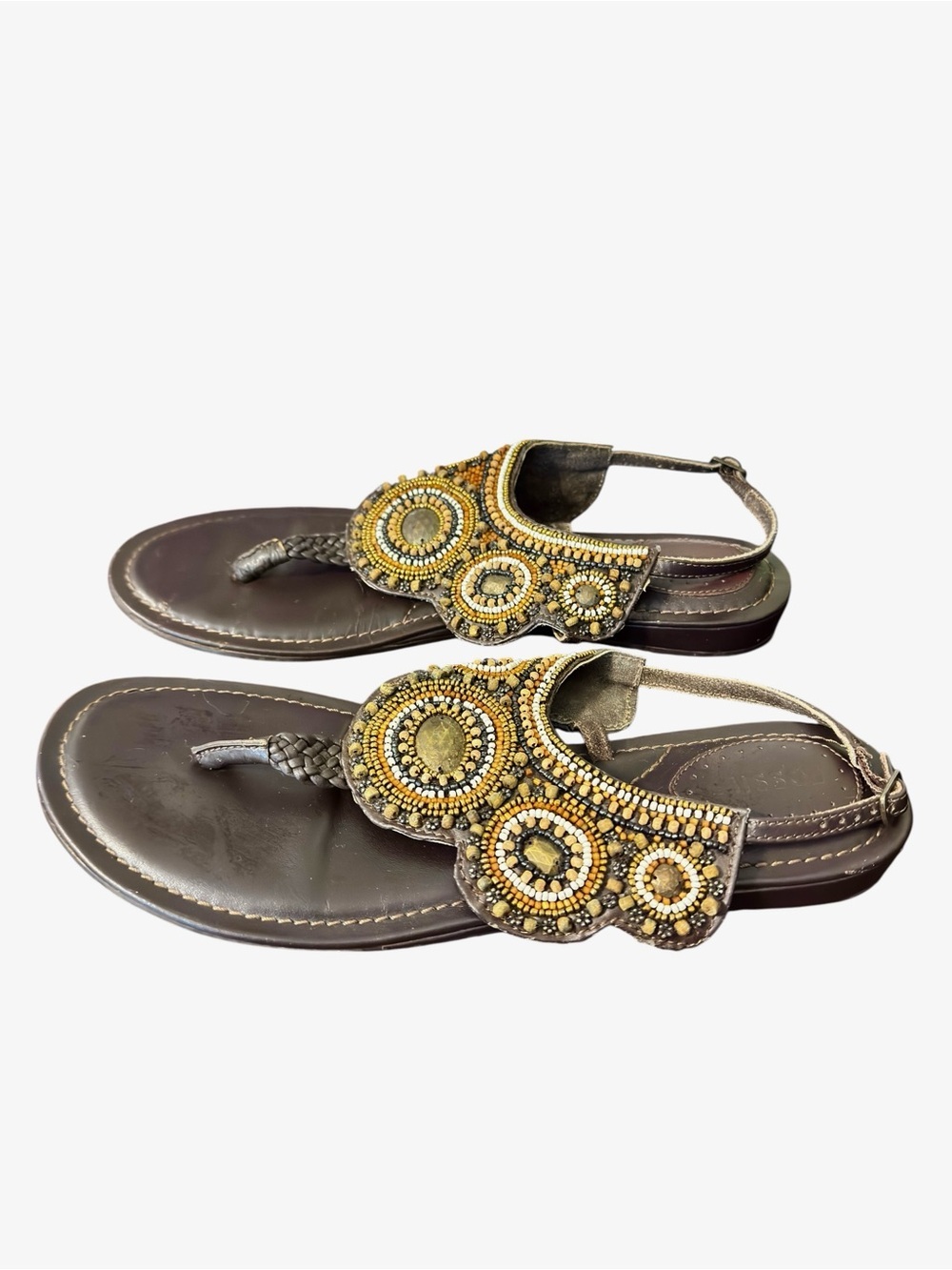Fossil Size 10 Brown Beaded Leather Thong Sandals Boho Slingback Gladiator - Picture 2 of 11